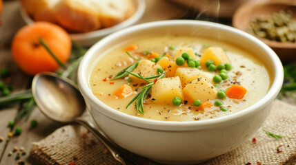 A bowl filled with hearty soup containing chunks of potatoes, peas, and carrots, creating a comforting and nutritious meal.