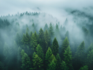 misty morning in the forest, top view
