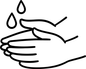 Hand washing icon, hand drawn black and white line art doodle. Two hands with drops of water. Simple clip art illustration.