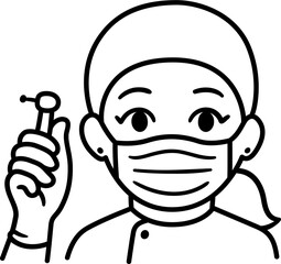 Cute cartoon female dentist in face mask holding a drill. Black and white line art drawing. Simple hand drawn doodle illustration.