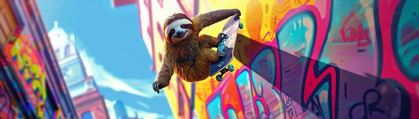Fotobehang Dynamic scene of a sloth on a skateboard, executing a perfect kickflip, with graffiti walls as the backdrop in vibrant 8K © Thanawat