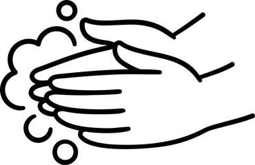Hand washing icon, hand drawn black and white line art doodle. Two hands with soap lather. Simple clip art illustration.