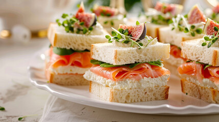 Delicate finger sandwiches filled with a variety of gourmet spreads such as smoked salmon and cream cheese or honey roasted ham and fig jam.