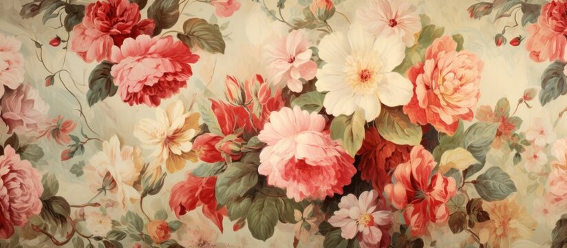 Large wallpaper adorned with a variety of blooming flowers in different colors and shapes