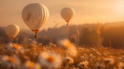 White hot air balloon with flower field  background, product display scene, for advertising and poster , product presentation  - obrazy, fototapety, plakaty