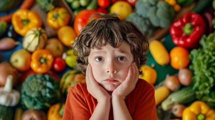 Fototapeta na wymiar A backdrop filled with colorful vegetables as a child sulks in the foreground