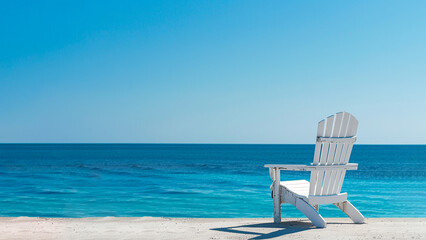 A chair set against a clear blue sky and sparkling ocean