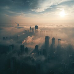 Foggy cityscape with sunrise and skyscrapers - A breathtaking shot captures skyscrapers peaking through a dense fog at sunrise, conveying a serene city awakening