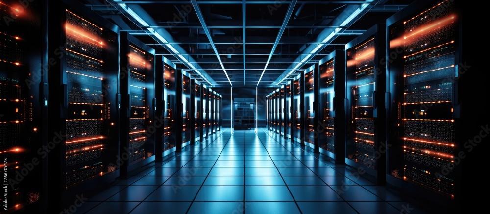 Poster a long hallway stretches in the data center, with servers neatly arranged in parallel rows. the elec