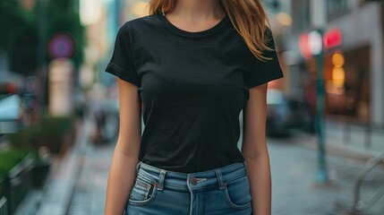 Obraz na płótnie Canvas Woman in black empty t-shirt mock up wallpaper background