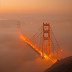Golden Gate Bridge enveloped by fog - The Golden Gate Bridge stands out with its vibrant orange hue against the soft foggy backdrop during twilight