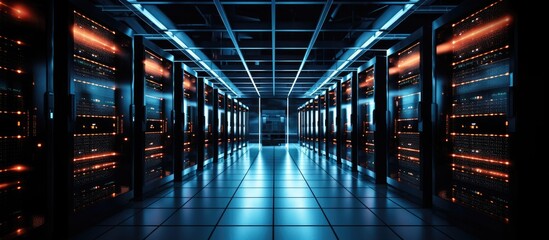 Obraz premium A long hallway stretches in the data center, with servers neatly arranged in parallel rows. The electric blue lights reflect off the glass fixtures, creating a symmetrical pattern in the darkness