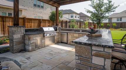 Outdoor kitchen with a built-in grill and dining area   AI generated illustration
