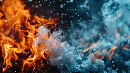 Blazing fire meeting icy crystals - Fiery and icy elements clashing in an abstract visualization of opposites attracting with vibrant colors - obrazy, fototapety, plakaty