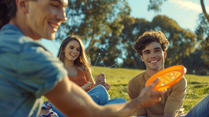 A closeup of a group of friends playing a game of frisbee at a picnic while a magician performs magic tricks nearby.