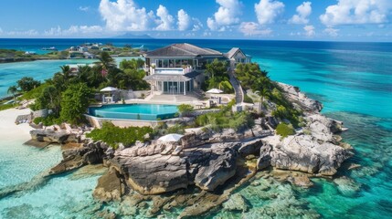 Private Islands Detailed photographs of private island properties offering exclusivity privacy and luxury island living    AI generated illustration - obrazy, fototapety, plakaty