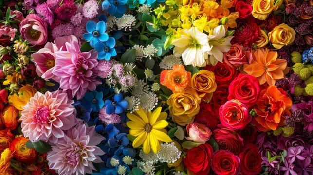 Rainbow Bouquets Detailed photographs of rainbow bouquets featuring a spectrum of vibrant colors and assorted blooms sy AI generated illustration