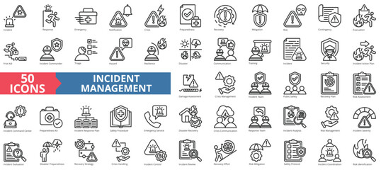 Incident management icon collection set. Containing response, emergency, notification, crisis, preparedness, recovery, mitigation icon. Simple line vector.