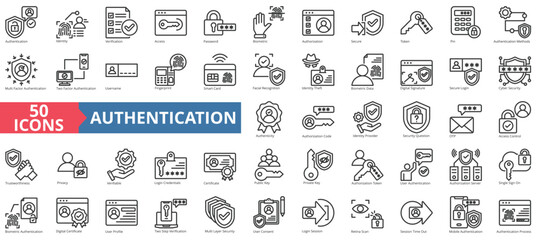 Authentication icon collection set. Containing identity, verification, access, password, biometric, authorization, secure icon. Simple line vector illustration. - obrazy, fototapety, plakaty