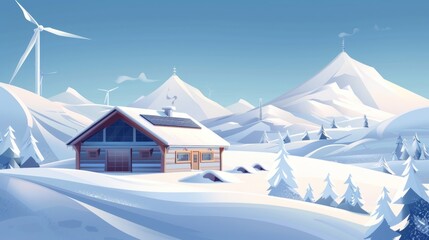 A snowcovered cabin nestled in the mountains powered by a combination of solar panels and wind turbines. . AI generation. - obrazy, fototapety, plakaty