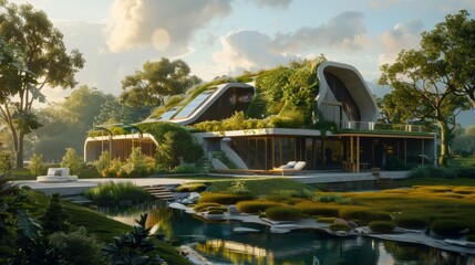 Sustainable Living Cinematic depictions of eco-friendly homes and sustainable properties showcasing renewable energy systems gr  AI generated illustration - obrazy, fototapety, plakaty