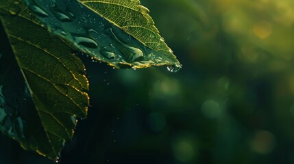 The detailed view of a droplet of water cascading down a leaf    AI generated illustration
