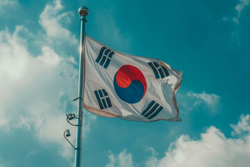 South korea flag waving under blue sky