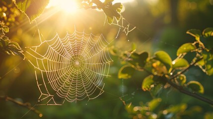 The intricate design of a spiders web in the morning light    AI generated illustration