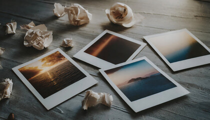 Polaroid picture, paper waste, memories, color, sea, sunset, island, close-up - obrazy, fototapety, plakaty