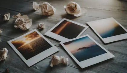 Fotobehang Polaroid picture, paper waste, memories, color, sea, sunset, island, close-up © NizuCaCi