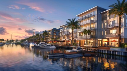 Waterfront Development Professional photographs of waterfront developments and marina communities featuring waterfront dining y AI generated illustration - obrazy, fototapety, plakaty