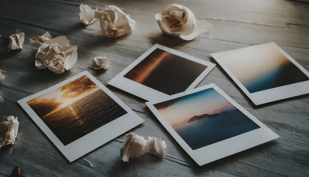 Polaroid picture, paper waste, memories, color, sea, sunset, island, close-up