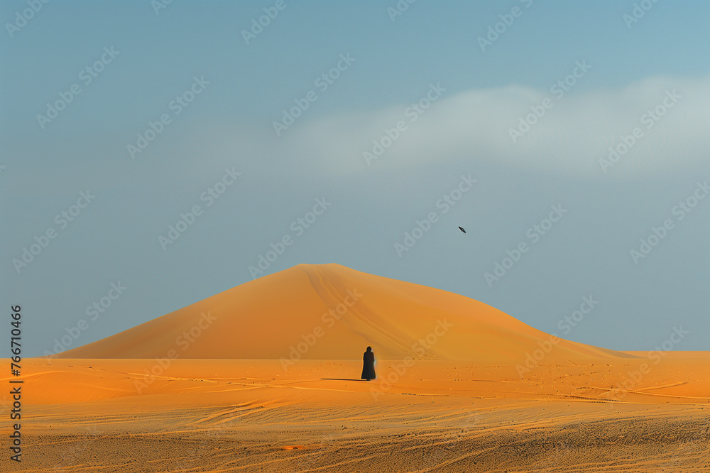 Poster a man is walking in a desert with a large sun in the background