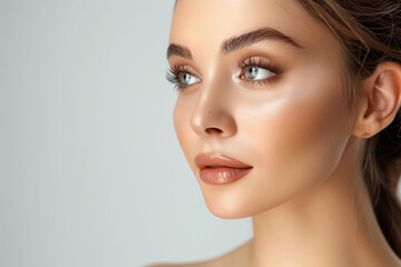 Naklejka premium A woman with a light brown hair and blue eyes is wearing makeup. She has a light pink lip color and her eyes are closed