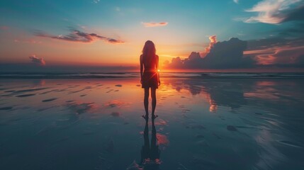 A woman standing on a beach at sunset with the sun behind her, AI