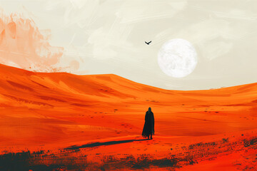 A man is walking in a desert with a large moon in the sky. The scene is serene and peaceful, with the man being the only person in the vast landscape