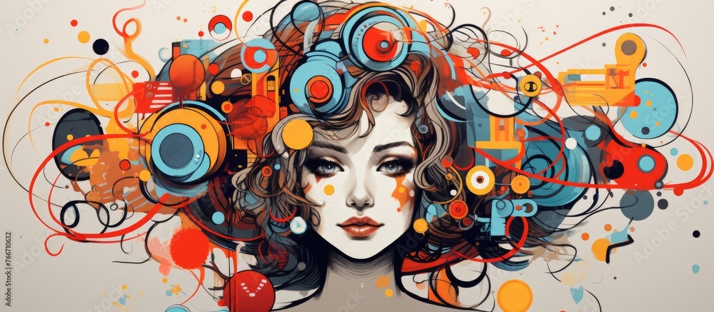 Poster an artistic painting depicting a woman with a strikingly large head made of vibrant colorful circles