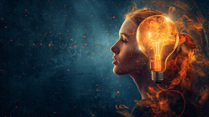 A woman with a light bulb in her head and fire around it, AI - Powered by Adobe