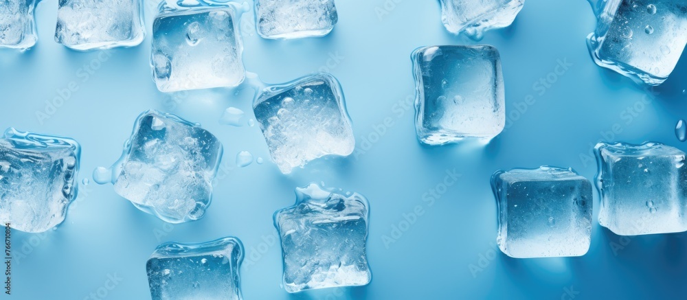 Poster several ice cubes are placed closely together on a smooth blue surface, creating a cool and refreshi