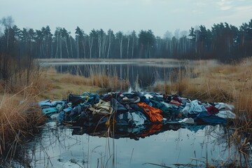 pile of discarded clothes by a body of water in the style of Minimalist Music centered professional photo copy space. Concept Minimalist Photography, Clothing by Water, Professional Photoshoot