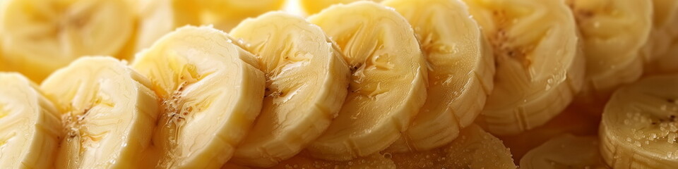 Caramelized banana slices. Close up view, panorama banner 
