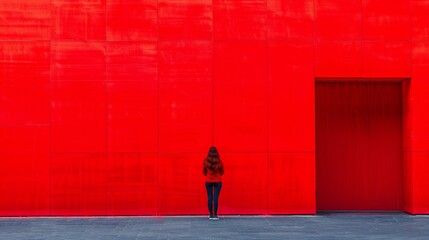 A woman standing in front of a red wall with her back to it, AI