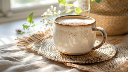 Fototapeta premium A cup of coffee on a table next to some plants, AI
