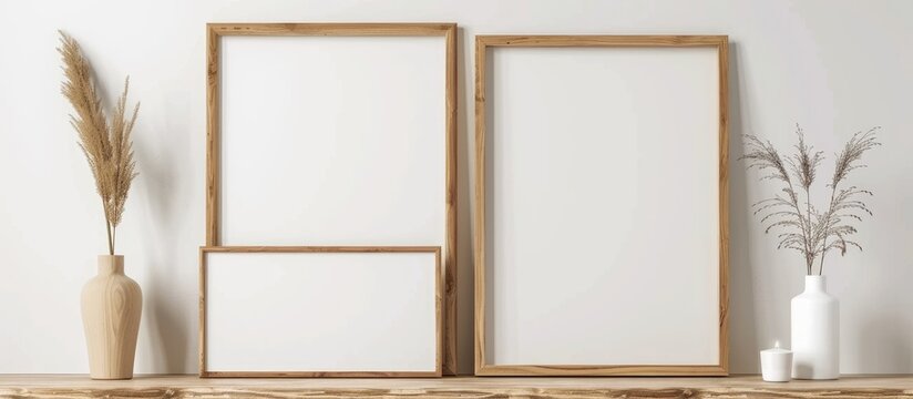 Wooden frame mockup of various sizes displayed on a white wall, suitable for showcasing posters in a clean and modern setting.