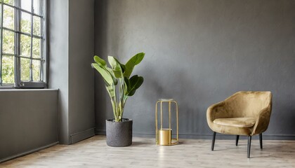 Firefly empty room, gray and gold detailed walls, modern plant. Modern and minimalist looking 