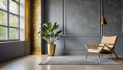 Firefly empty room, gray and gold detailed walls, modern plant. Modern and minimalist looking 