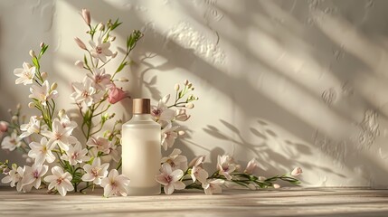 spring inspired product mockup backdrop, with soft textured base, feature british luxury, with references to gentle roses and lily, using a unisex palette and photographed at a low angle, minamalistic