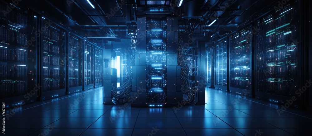 Poster the server room is filled with servers and illuminated by a bright electric blue light coming from a