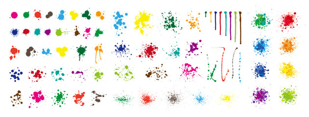 Colorful Ink drops and splashes vector set. Liquid paint drip drop splash and ink splatter.