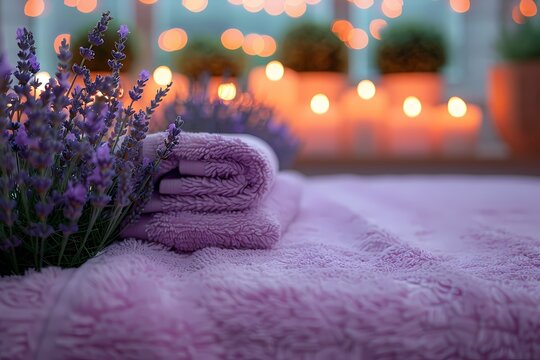 romantic massage centre calm and serene atmosphere, lavender, towels, candles, other spa tools, serene, calm, spa photography, wid angle photo, cozy, high key light, clean, serene, calm, high detailed